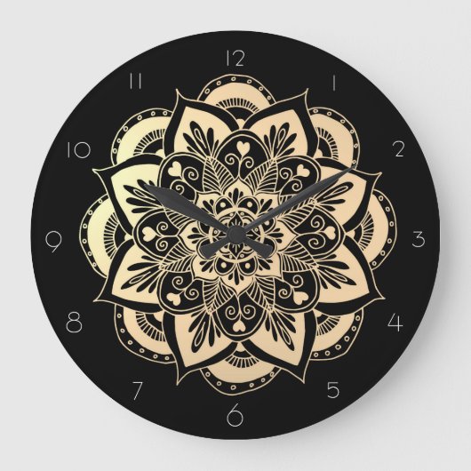Elegant Black and Gold Mandala Flower Grote Klok (Voorkant)