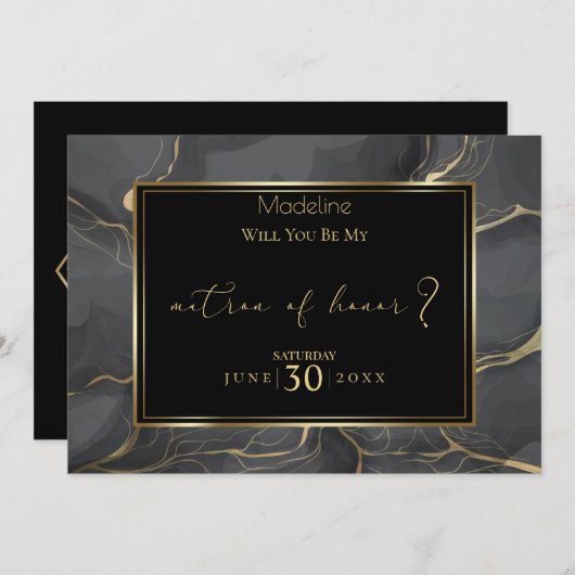 Elegant Black and Gold Marble Matron of Honor Kaart (Voorkant / Achterkant)