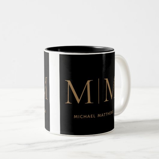 Elegant Black and Gold Masculine Monogram Name Tw Tweekleurige Koffiemok (Voorkant rechts)