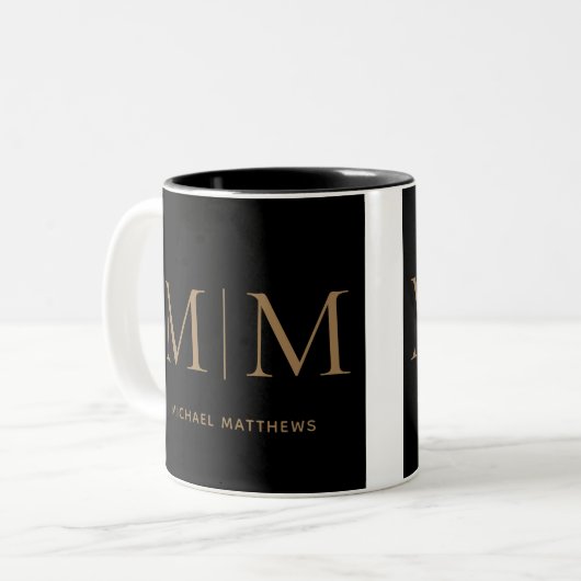 Elegant Black and Gold Masculine Monogram Name Tw Tweekleurige Koffiemok (Voorkant links)
