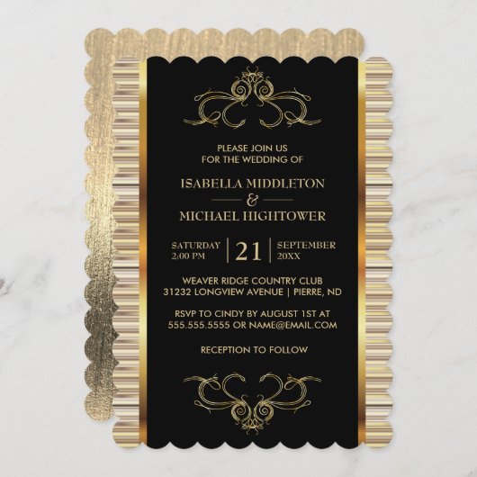 Elegant Black and Gold Metallic Wedding Kaart (Voorkant / Achterkant)