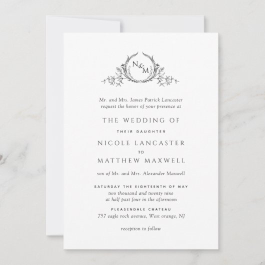 Elegant Black and Gold Monogram Formal Wedding Kaart (Voorkant)