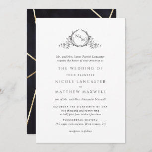 Elegant Black and Gold Monogram Formal Wedding Kaart
