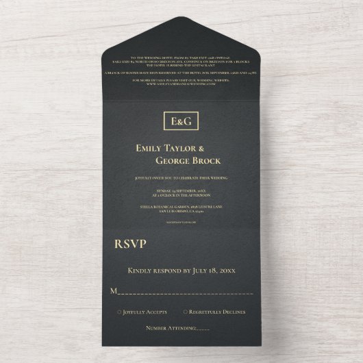 Elegant Black and Gold Monogram Rustic Wedding All In One Uitnodiging (Binnen)