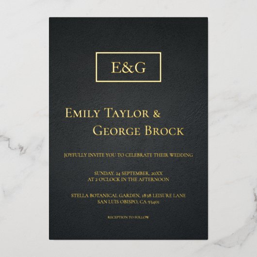 Elegant Black and Gold Monogram Rustic Wedding Folie Uitnodiging (Voorkant)