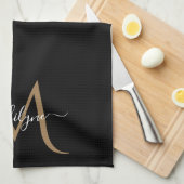 Elegant Black and Gold Monogram Script Name Kit Theedoek (Quarter Fold)
