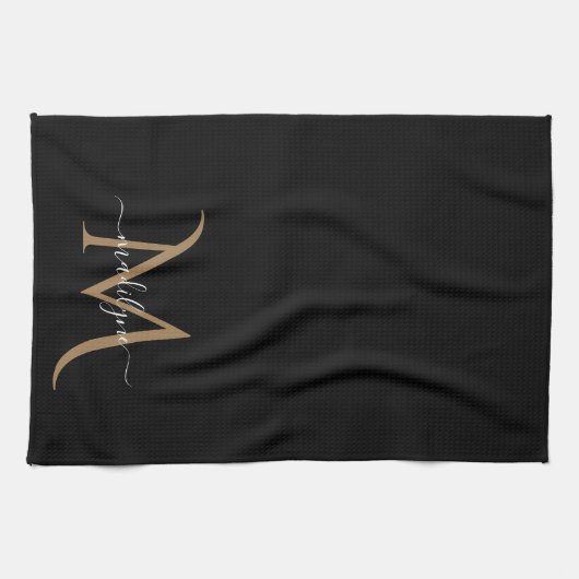 Elegant Black and Gold Monogram Script Name Kit Theedoek (Horizontaal)