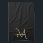 Elegant Black and Gold Monogram Script Name Kit Theedoek<br><div class="desc">Manuscript Elegant Black en Gold Monogram</div>