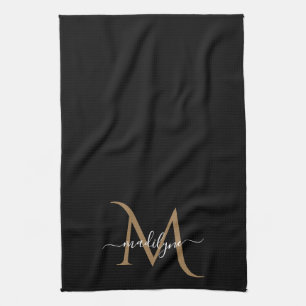 Elegant Black and Gold Monogram Script Name Kit Theedoek