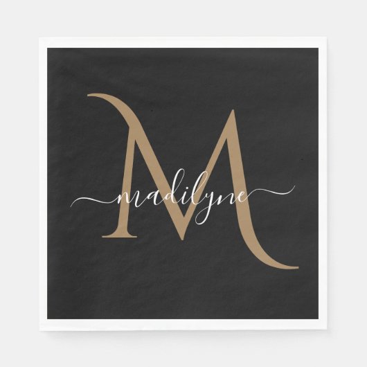 Elegant Black and Gold Monogram Script Name Napk Servet (Voorkant)