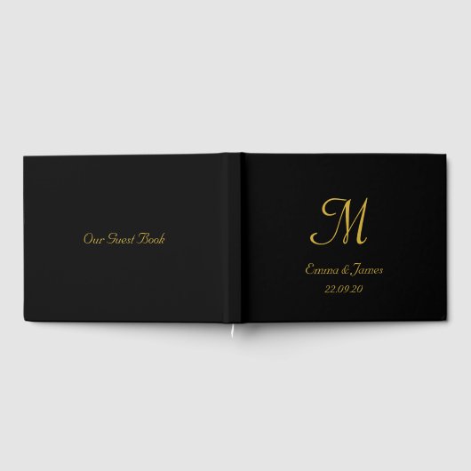 Elegant Black and Gold Monogram Script Weddenschap Gastenboek (Volledig)