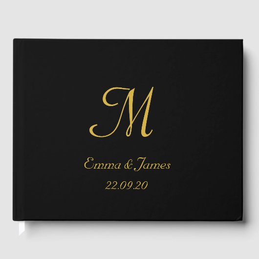 Elegant Black and Gold Monogram Script Weddenschap Gastenboek (Voorkant)
