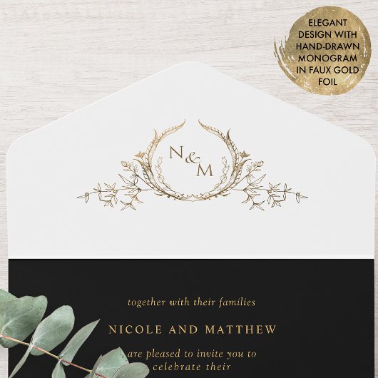 Elegant Black and Gold Monogram Weddenschap met RS All In One Uitnodiging