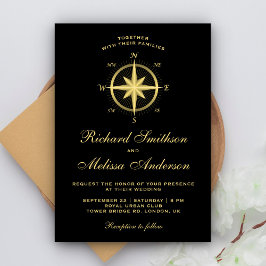 Elegant Black and Gold Nautical Compass Wedding Kaart