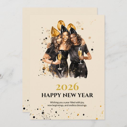 Elegant Black and Gold New Year Greeting Card Feestdagenkaart (Voorkant / Achterkant)