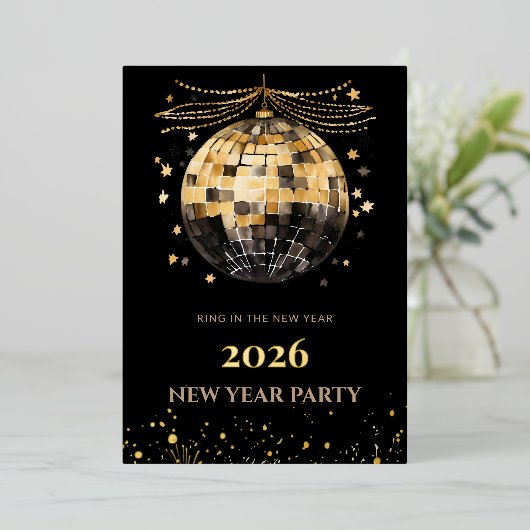 Elegant Black and Gold New Year Invitation Card Folie Uitnodiging (Staand Voorkant)