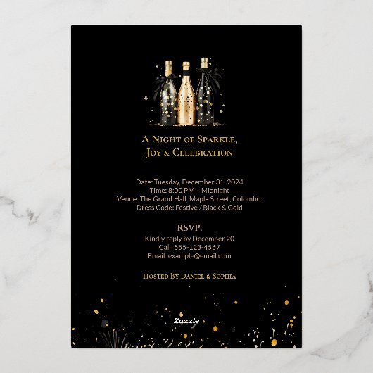 Elegant Black and Gold New Year Invitation Card Folie Uitnodiging (Achterkant)