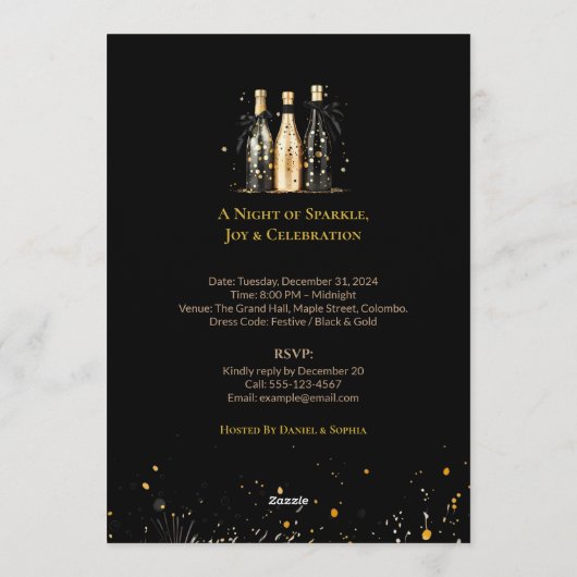 Elegant Black and Gold New Year Invitation Card Kaart (Achterkant)