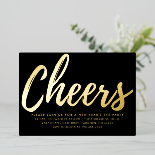 Elegant Black and Gold New Year's Eve Party  Folie Uitnodiging (Staand Voorkant)