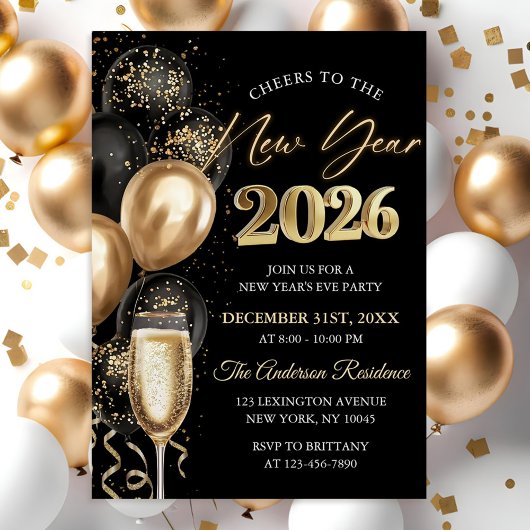 Elegant Black and Gold New Year's Eve Party Kaart