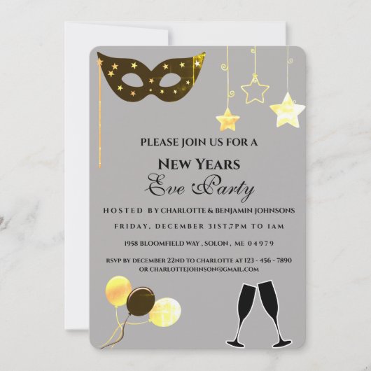 Elegant Black and Gold New Years Eve Party Kaart (Voorkant)