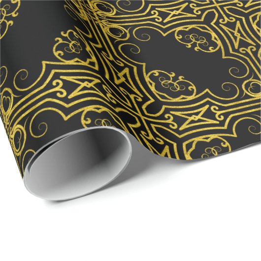 Elegant Black and Gold Ornate Christmas Wrapping Cadeaupapier (Rol Hoek)