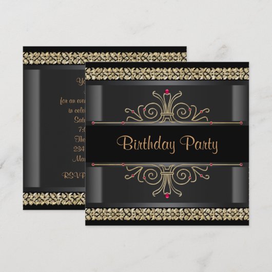 Elegant Black and Gold Party Kaart (Voorkant / Achterkant)