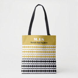 Elegant Black and Gold Pattern Initials and Name Tote Bag
