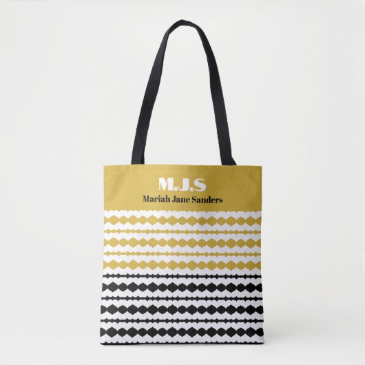 Elegant Black and Gold Pattern Initials and Name Tote Bag (Voorkant)