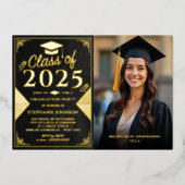 Elegant Black and Gold Photo Graduparty Folie Uitnodiging (Voorkant)