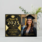 Elegant Black and Gold Photo Graduparty Folie Uitnodiging (Staand Voorkant)