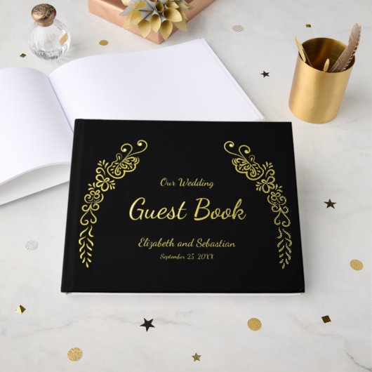 Elegant Black and Gold Photo Wedding Gastenboek (Voorkant open)