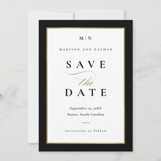 Elegant Black and Gold Photo Wedding Save The Date (Voorkant)