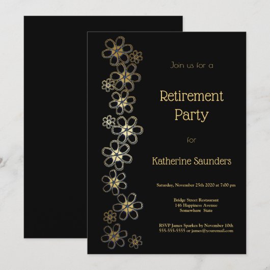 Elegant Black and Gold Retirement Party Kaart (Voorkant / Achterkant)