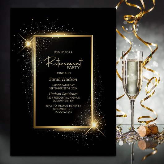 Elegant Black and Gold Retirement Party Kaart