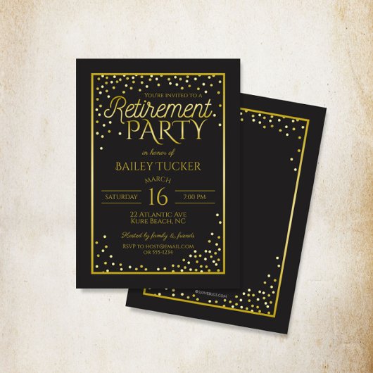 Elegant Black and Gold Retirement Party Kaart
