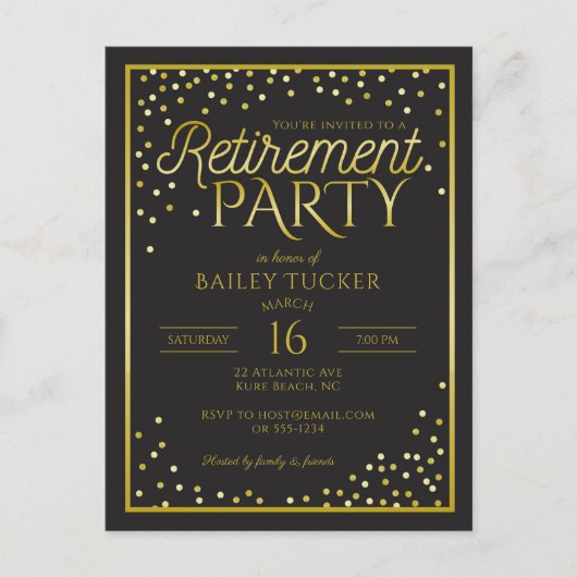 Elegant Black and Gold Retirement Party Uitnodiging Briefkaart (Voorkant)