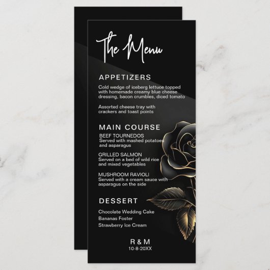 Elegant Black and Gold Roos Wedding Menu (Voorkant / Achterkant)