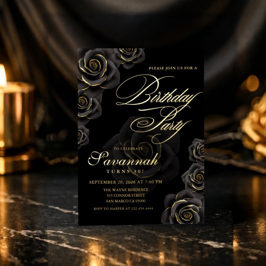 Elegant Black and Gold Rose Birthday  Folie Uitnodiging