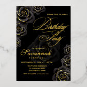 Elegant Black and Gold Rose Birthday  Folie Uitnodiging (Voorkant)