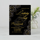 Elegant Black and Gold Rose Birthday  Folie Uitnodiging (Staand Voorkant)