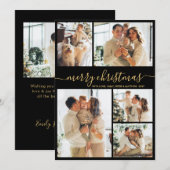 Elegant Black and Gold Script 5 Photo Christmas Feestdagenkaart (Voorkant / Achterkant)