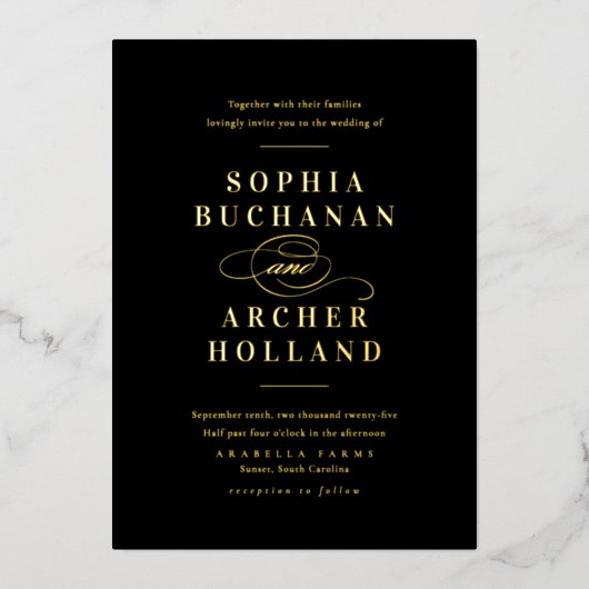 Elegant Black and Gold Script Classic Wedding Folie Uitnodiging (Voorkant)