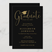 Elegant Black and Gold Script Graduparty Kaart (Voorkant / Achterkant)