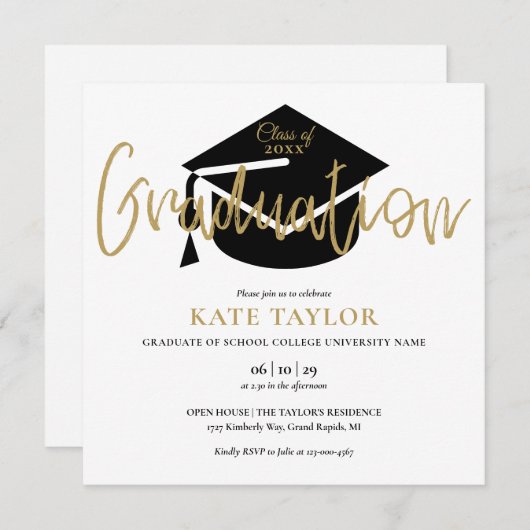 Elegant Black and Gold Script Graduparty Kaart (Voorkant / Achterkant)
