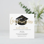 Elegant Black and Gold Script Graduparty Kaart (Staand voorkant)