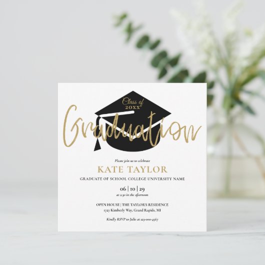 Elegant Black and Gold Script Graduparty Kaart (Staand voorkant)
