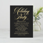 Elegant Black and Gold Script Holiday Party Kaart (Staand voorkant)