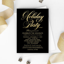Elegant Black and Gold Script Holiday Party