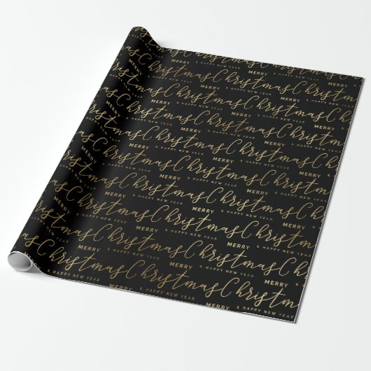 Elegant Black and Gold Script Merry Kerstmis Cadeaupapier (Uitgerold)